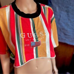 VINTAGE Guess Striped Crop top – Retro colours, Embroidered flag,( L )