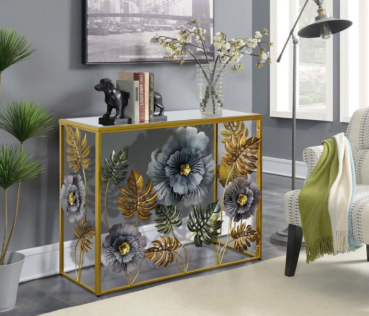 Console Table, Vintage Art Sofa Table with Metal Flower Decor, Narrow Entryway Tables with Glass Mirror Tabletop Behind Sofa, Narrow Accent Table for 
