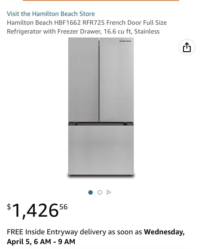 Hamilton Beach HBF1662 RFR725 French Door Full Size Refrigerator with Freezer Drawer, 16.6 cu ft, Stainless