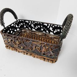 ​Vintage Mixed Media Woven Wicker & Metal Basket - Verdigris Floral Openwork