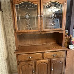 Oak China Cabinet With Lead Glass Doors