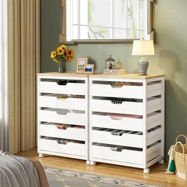 Set of 2 Tribesigns Wood 5-Drawer Dresser, Storage Cabinet Chest of Drawers for Bedroom, Living Room, White