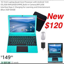 New 10.1Inch Laptop,Quad-Core Processor with Android 12.0 OS,2GB RAM,64GB EMMC,Built-in Camera, WiFi,USB Interface,Tpye-C Charging for Learning $120