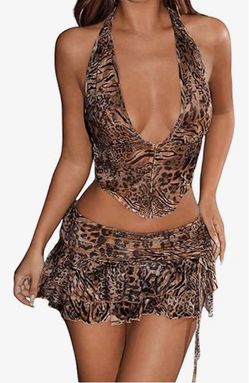 Leopard Print Halter Top & Ruffle Mini Skirt Set - Brown Animal Print excellent!!