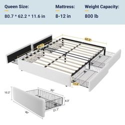 🥨Queen Size Allewie Bed Frame with 4 Oversized Storage Drawers, Soft Teddy Fabric, Boucle Upholstered Platform Bed, Wooden Slats Support, Noise-Free,