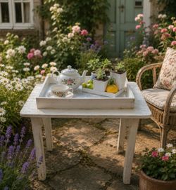 V. STURDY Indoor Outdoor Garden Tea Coffee End Side Table Original Vintage Distressed Egg White Chippy Paint Shabby Chic Art Artisan Whimsy HILLCREST