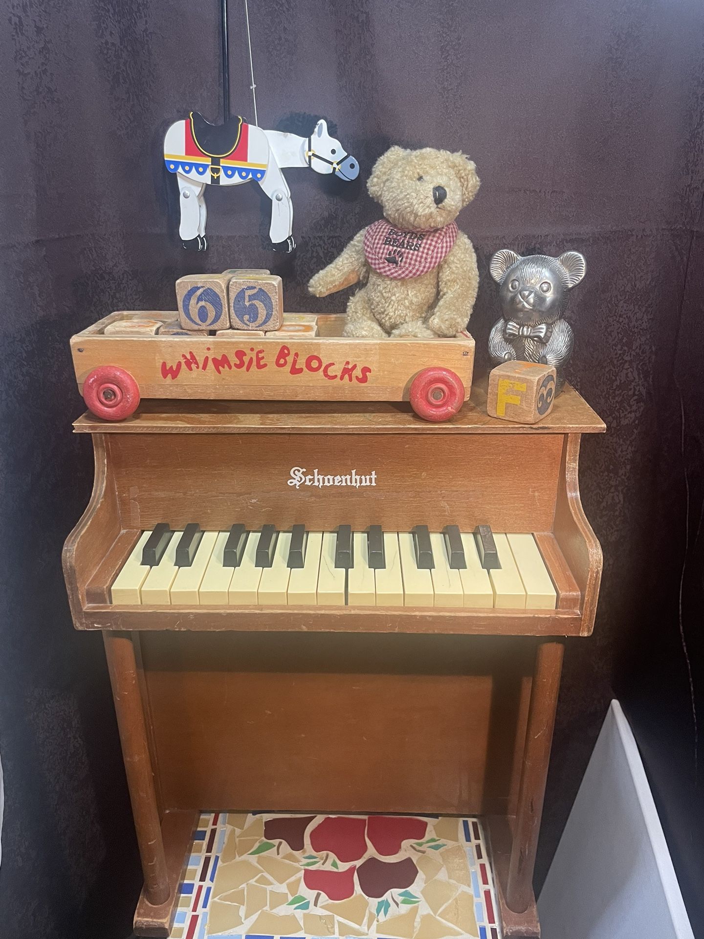 Schoenhut toy piano with Whimsie Blocks, teddy bear, vintage horse toy and teddy bear bank.