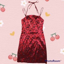 Vintage Original 1990s Silky Red And Black Floral Dress