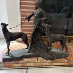 Authentic 1920s Art Deco BRONZE Sculpture - Lady & Greyhounds