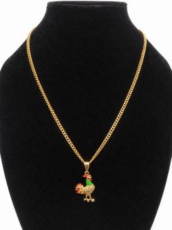 22” 18k Gold Filled Rooster Pendant Necklace – Colorful Enamel Chicken Pendant on Gold Filled Chain