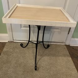 New 16 By 20 Inch Solid Wood Recessed Table On  Black Metal Scrolled Tri-legs