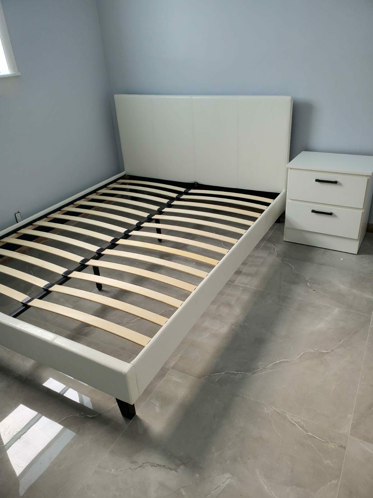 NEW IN BOX QUEEN UPHOLSTERED BED FRAME PLATFORM AND NIGHT STAND 😊 MATTRESS SOLD SEPARATELY