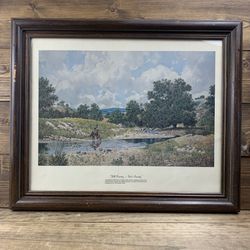 Vintage Framed Texas Hill Country Landscape Rancher Cowboy Horse Print by Jodie Boren