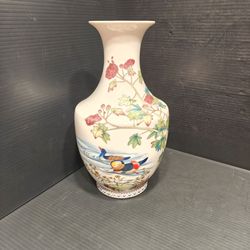 12.5'' Marked Chinese Porcelain Enamel Peony Bird Text Vase Gold Mandarin Duck