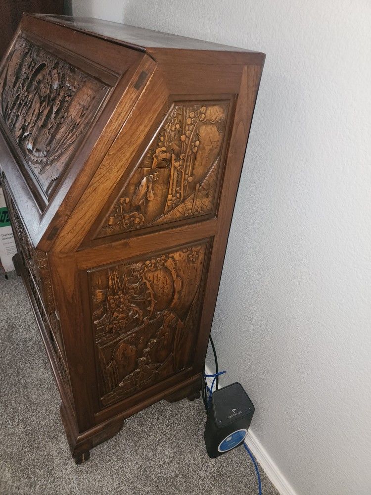 Beautiful Asian Intricately Carved  Drop Leaf Secretary Desk