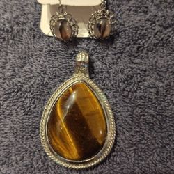 Tigers Eye Pendant And Earrings