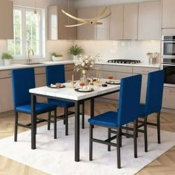 5 Piece Dining Table Set, Kitchen Table and Chairs Set for 4 with Faux Marble and 4 Velvet Upholstered Dining Chairs for Home, Restaurant, White & Blu
