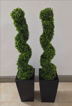 *** CLEARANCE *** PAIR of 3ft Faux Boxwood Spirals in 16in Black/White Planters (2 for $80) @ Lasting Creations