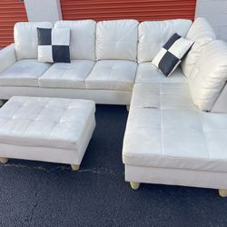 White Leather Couch With Storage Ottoman