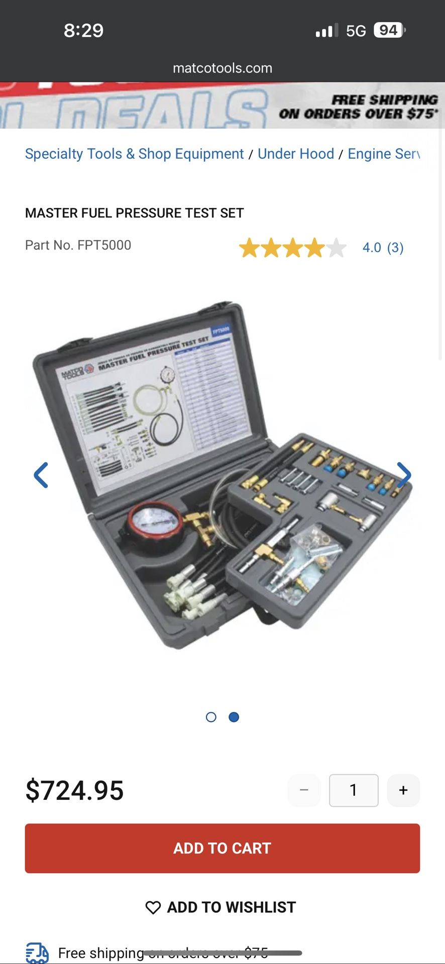 Matco Master Fuel Pressure Test Kit