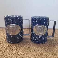 PAIR OF ENAMEL BLUE SPECKLED SALT & PEPPER SHAKERS 