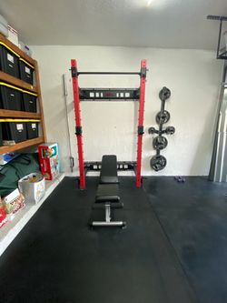 Red and Black Power Rack with Weight Bench