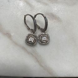 Sterling Silver Halo Diamond Drop Earrings 