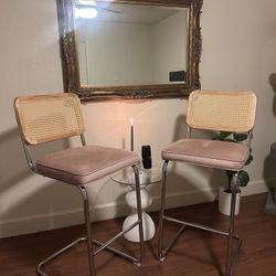Set of two blush pink velvet Rattan extra tall bar stools
