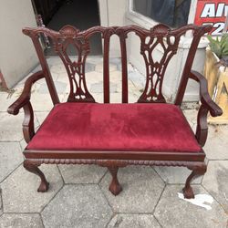 Chippendale 2 Seat Settee Bench Red Seat Carved Mahogany 