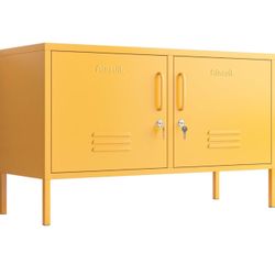 2 Door Metal TV Stand Media Console for Large TV 2-Tier Multi-Purpose Storage Cabinet Industrial TV Stand with Storage Easily Assembled Yellow Size: