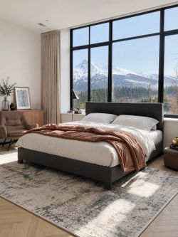 Full Size Upholstered Bed Frame Adjustable Headboard, Dark Grey Platform Bed