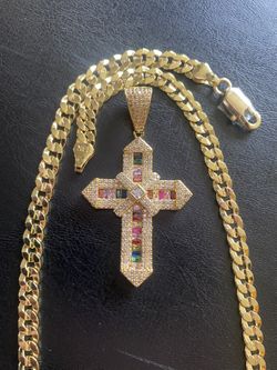14K Stamped Gold Diamond Cross Chain 24MM