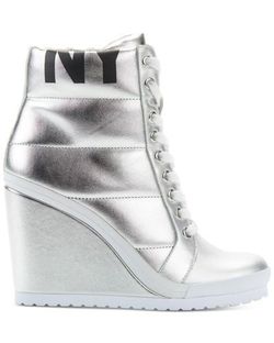 NEW DKNY Womens Noho Hight Top Lace Up Sneakers, Silver, Size 7/37.5 (with Box)