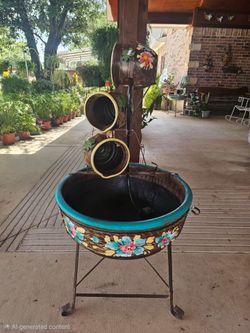 Painted Clay Water Fountain, Built-In Stand. Clay Pots, Planters,Plants, Pottery, Talavera. $200