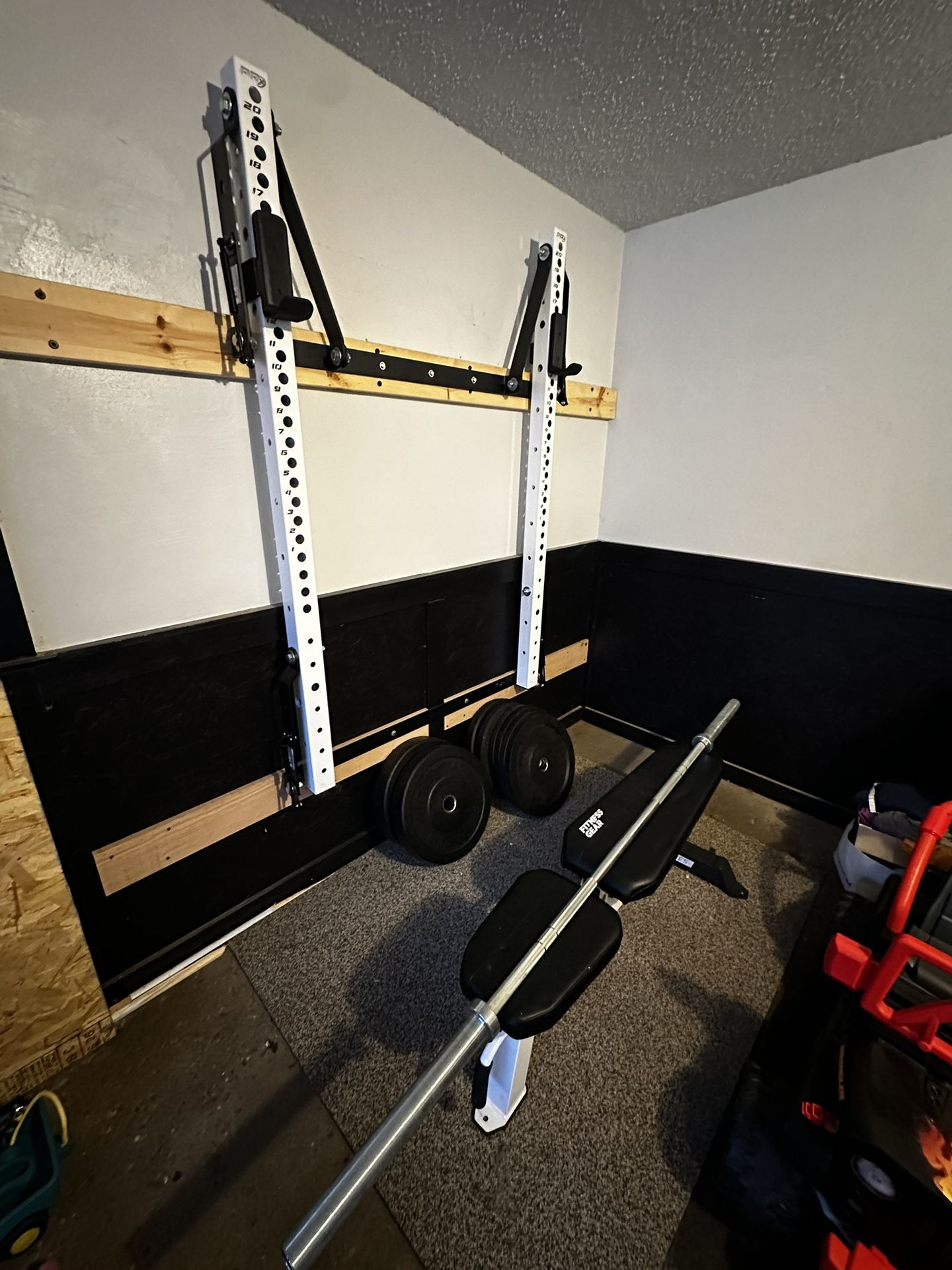 PRx Folding squat Rack+Weightlifting Barball (45lb)+Plates