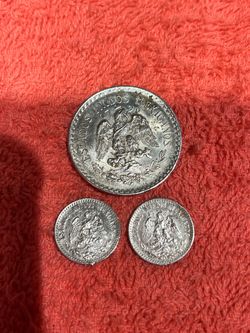 3 Mexican coins sterling 0720 1 peso 1938/20 cents 1937/20 cents 1943  Resplandor
