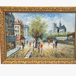 VTG Impressionist Paris Painting Cityscape Notre Dame Gold Framed Artist Bardot