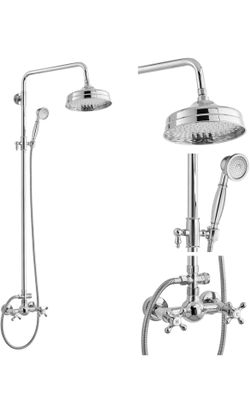 gotonovo Bathroom Exposed Shower Fixtures 8 Inch Rain Showerhead Double Cross Handles 2 Function Wall Mount Shower Faucet Set, Brass Handheld Spray, P