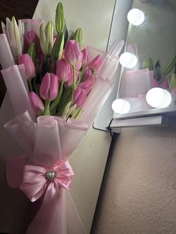 Pink tulips  with lily’s bouquet