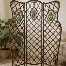 Vintage Wrought Iron Room Divider With Stained Glass