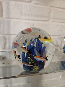 Genuine Murano Art Glass Paperweight, Vintage Venetian Italian, Fish Aquarium Coral Design 