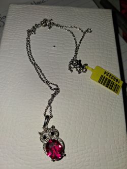 Silver Owl Pendant Necklace with Pink Stone