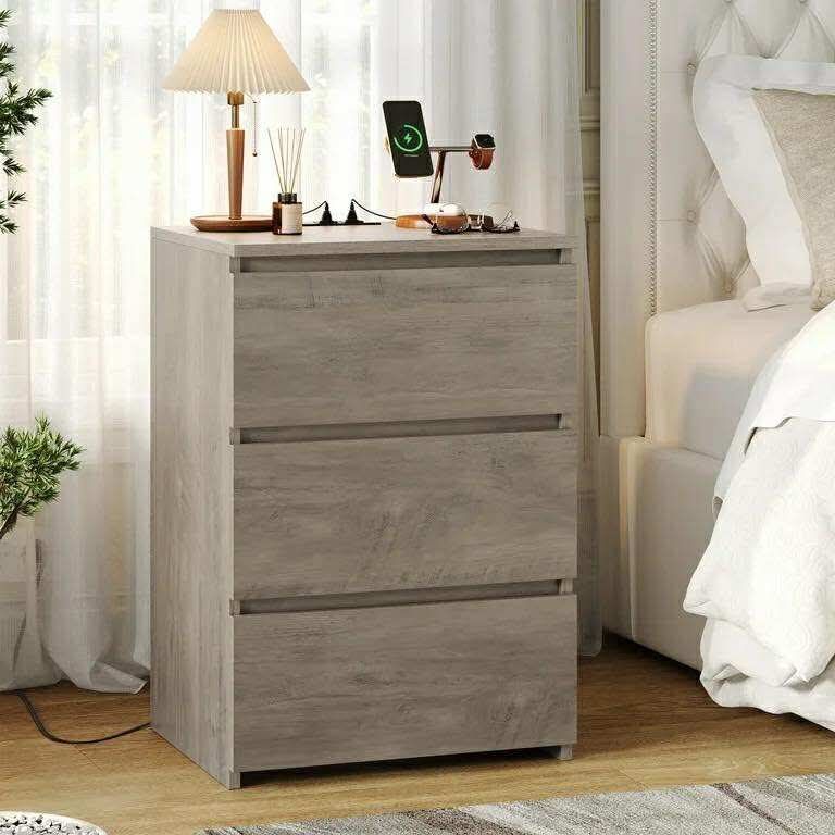 3 Drawers Nightstand with Charging Station, Side Table with Storage for Living Room, Bedside Nightstand for Bedroom, Wash Gray