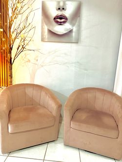 Pair of Blush Pink Velvet Barrel Accent Chairs