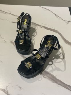 BKS Brisa Preto Smooth Platform Wedge Sandals Black Gold Stud Women’s Size 7 New in Box
