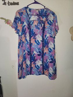 Ribbon Trim Floral Print Short Sleeve Tunic Top 4XL
