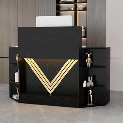 39.3" H Modern Reception Desk with LED Lighting, Office Counter with Display Cabinet, Secretary Desk with Power Outlets – Front Desk for Salon, Lobby 