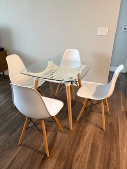 Glass Top Dining Table with 4 White Chairs