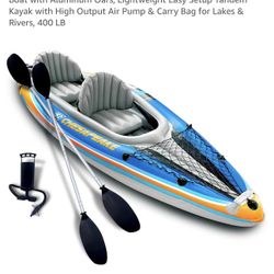 Sunlite Sports Inflatable Kayak 2 Person, Portable Inflatable Boat with Aluminum Oars, Lightweight Easy Setup Tandem Kayak with High Output Air Pump &