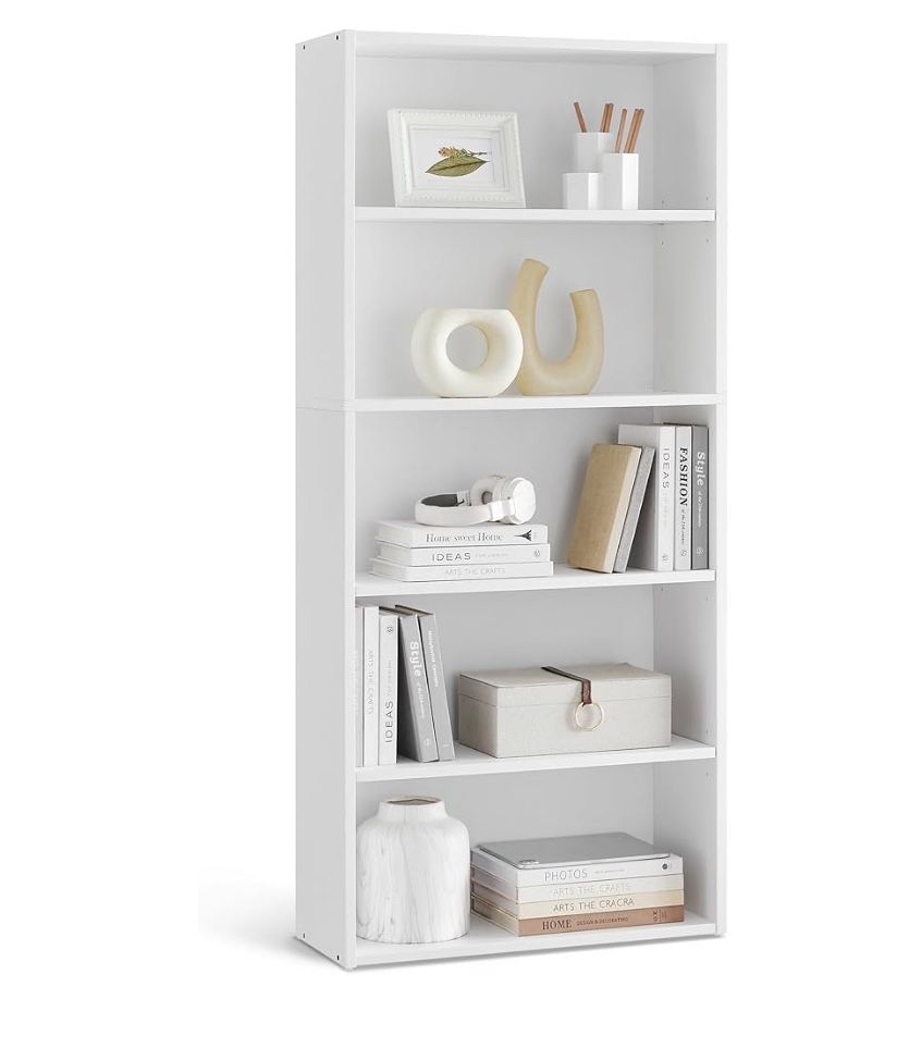 Bookshelf 5-Tier Open Bookcase with Adjustable Storage Shelves Floor Standing Unit White